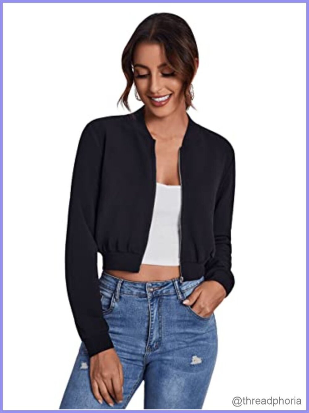 Casual Long Sleeve Solid Zip Up Crop Bomber Jacket, Polyester, Lightweight